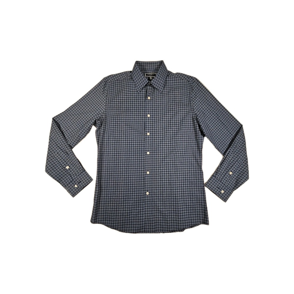 Club Room Slim Fit Plaid Dress Shirt Placid Blue 15-15.5 32/33 Stretch